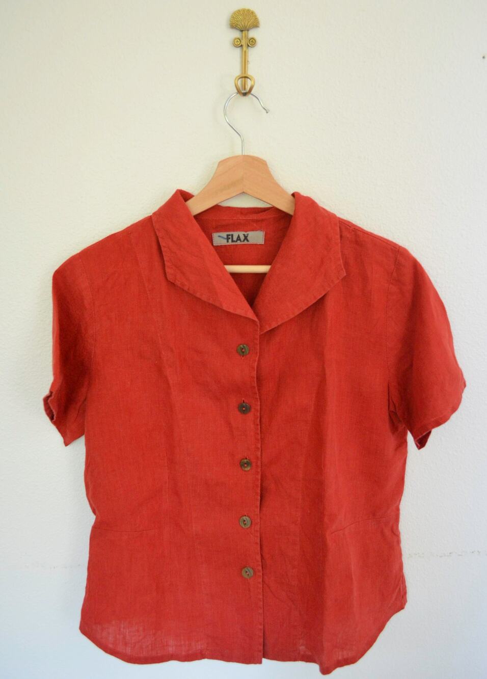 Flax Linen Red Collared Short Sleeve Blouse